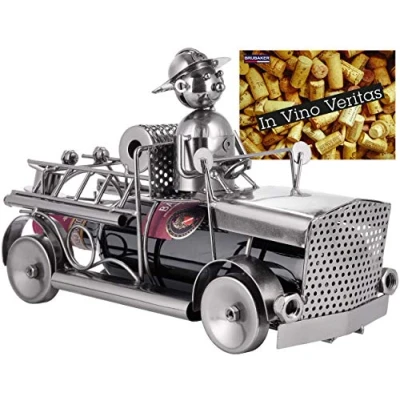 Afbeelding van BRUBAKER Wijnfleshouder Brandweer Brandweerauto Metalen Sculptuur Flessenstandaard 32 cm Figuur Wijngeschenk voor Brandweermannen en Brandweervrouwen met Wenskaart Wijnrek