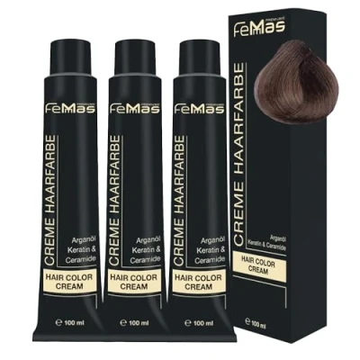 Image de FemMas Lot de 3 teintures pour cheveux, crème professionnelle, à l&#039;huile d&#039;argan, kératine, céramides, coloration permanente, résultats couleur éclatant et durable, blond, sable 7.7, 100 ml
