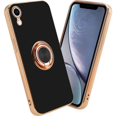Afbeelding van Cadorabo Hoesje geschikt voor Apple iPhone XR in Glossy Zwart Goud met ring Beschermhoes van flexibel TPU silicone Case Cover camerabescherming en magnetische autohouder