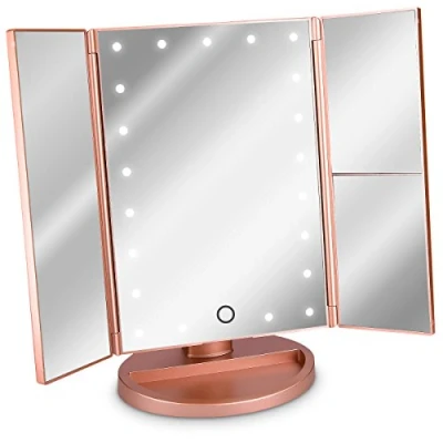 Afbeelding van Navaris inklapbare spiegel met verlichting Make up LED lampjes en dimmer 2+3 maal vergroting Kantelbaar Incl. USB kabel Rose goud