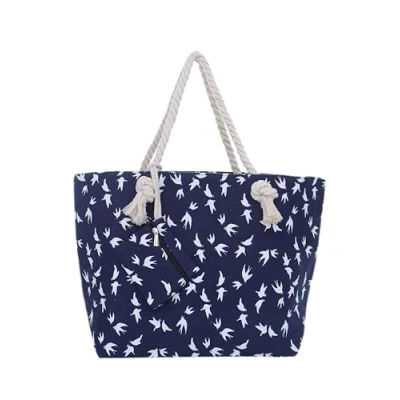 Afbeelding van Blauw vogels grote strandtas palmbomen Schoudertas met ritssluiting Katoen