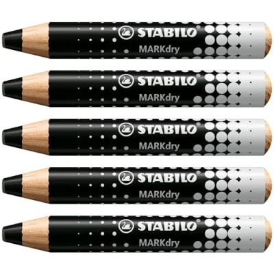 Image de STABILO Crayon marqueur MARKdry Lot de 5 Crayons Ardoises et Tableaux blancs, Large à Mine XXL, Effaçable noir
