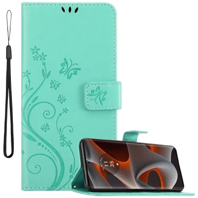 Afbeelding van Cadorabo Hoesje geschikt voor Motorola Moto Edge 50 Pro in BLOEMEN TURKOOIS Beschermhoes bloemmotief met magnetische sluiting, standfunctie en kaartsleuven Book Case Cover Etui