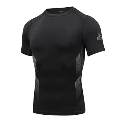 Afbeelding van AMZSPORT Compressieshirt met korte mouwen voor heren, sneldrogend T shirt mouwen, 112021 zwart, M, Zwart