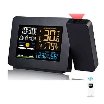 Afbeelding van VORRINC Weerstation met buitensensor, projectiewekker, radioweerstation voor binnen en buiten kleurendisplay, digitale hygrometer thermometer weersvoorspelling, barometer, maanfase,