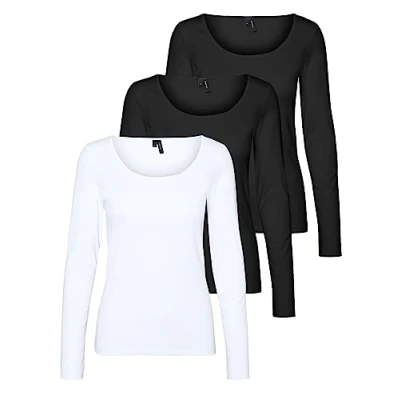 Afbeelding van VERO MODA Vmmaxi My Ls Soft Uneck Ga Noos T shirt met lange mouwen voor dames, 2 x zwart, 1 glanzend wit