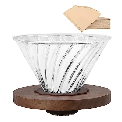 Afbeelding van Lalord Giet op het koffiefilter met 100 papieren filters, borosilicaatglas en walnoothandvat, kan 1 tot 4 kopjes bevatten