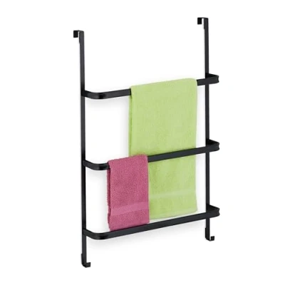 Afbeelding van Relaxdays handdoekrek deur zwart handdoekhouder staal zonder boren 3 stangen