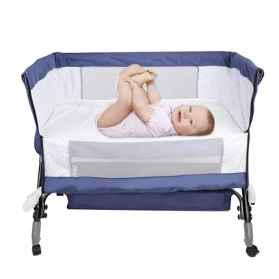 Afbeelding van Berceau 3 en 1, Lit Cododo, Berceau, à Inclinaison réglable, Hauteur réglable sur 4 Niveaux, jusqu&#039;à 20 kg, Moustiquaire, Panier de Rangement 104 * 52 100 110 cm bleu marine