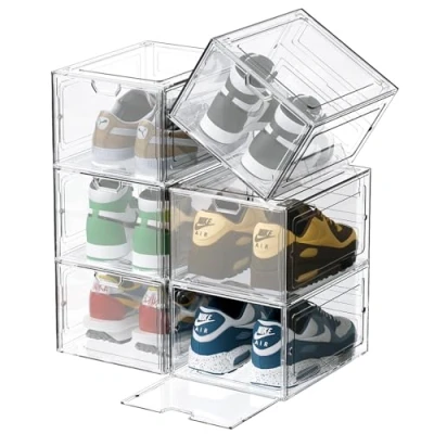 Afbeelding van schoenendozen organizer doorzichtig transparant schoenenopslag voor sneakers en gymschoenen, kunststof doos met doorzichtige deur, 33,5 x 25 8 cm, schoenen tot maat 46, wit (6 stuks)