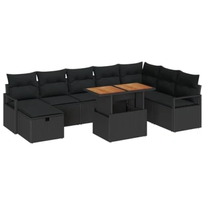 Afbeelding van vidaXL 9 Delige Tuin Sofa Set met Kussens Zwart Poly Rattan, 2 Persoons Rattan