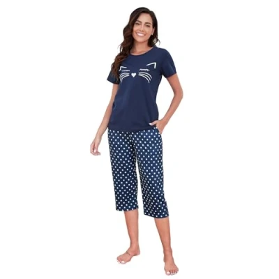 Afbeelding van ReliWel Katoenen korte pyjamaset voor dames, top met mouwen en capribroek zakken, 2 delige print, zacht comfortabel, nachtkleding, Navy Blauw