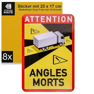 Afbeelding van Set van 8 dode hoekstickers, 25 x 17 cm, zelfklevende vrachtwagenfolie, voorgeschreven voor auto vanaf 3,5 ton in Frankrijk. Let op: hoeken, stickers, vrachtwagen, stickers