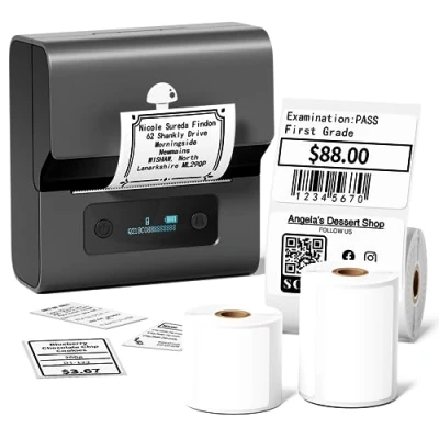 Afbeelding van Phomemo M221 labelprinter draagbare Bluetooth met iOS pc, Android, voor adres, barcode, thuis, kantoor, 3 rollen etiketten (grijs)