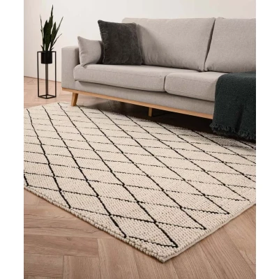 Afbeelding van Wollen Vloerkleed Ruiten Vinduer Crème/zwart 160x230 Cm