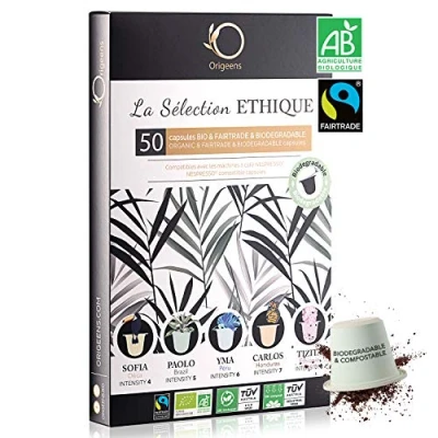 Afbeelding van ORIGEENS Capsuleset compatibel met Nespresso, 5 biologische koffies Fairtrade Arabica, composteerbare biologisch afbreekbare capsule, ambachtelijke roostering, 50 Nespresso pads