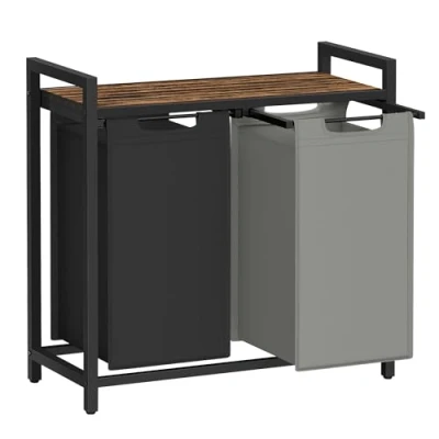 Afbeelding van VASAGLE wasmand met 2 vakken, plank, wasbox, metalen frame, x 46 l, 73 33 72 cm, inktzwart grijs duifbruin, vintage, BLH201X01
