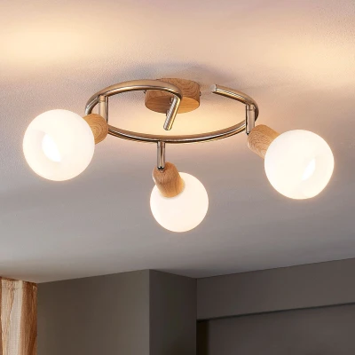 Afbeelding van Lindby buitenspot 3lichts glas, metaal H: 20 cm E14 witte albast, licht hout, gesatineerd nikkel