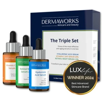 Afbeelding van DERMAWORKS Gezichtsserumset, hyaluronzuur, retinol, serum, vitamine C, gezichtsverzorging, serum voor vrouwen en mannen, anti aging, rimpel, gezichtsserum, huidverzorgingsserum, 30 ml
