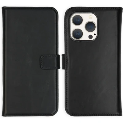 Afbeelding van Selencia Hoesje Geschikt voor iPhone 15 Pro Met Pasjeshouder Echt Lederen Bookcase Zwart