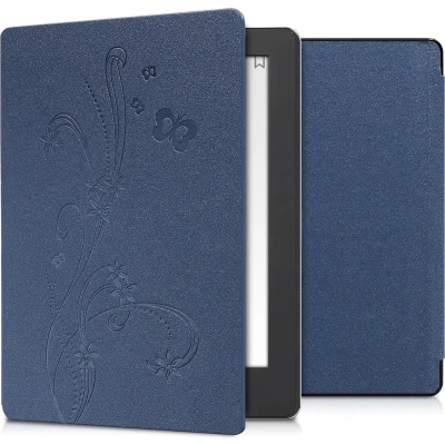 Afbeelding van kwmobile E reader hoesje geschikt voor Kobo Aura H2O Edition 2 hoes flip case met magnetische sluiting Ereader cover Stengels en Vlinder design in donkerblauw