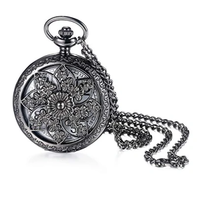 Afbeelding van JewelryWe Quartz zakhorloge wijzerplaat nummer met legering ketting, bloem patroon, kleur keuze, zwart.
