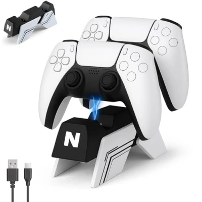 Afbeelding van NiTHO Oplaadstation compatibel met 2 PS5/Edge controllers, dubbel USB laadstation verticaal klikbaar laadontwerp en overbelastingsbeveiliging, wit