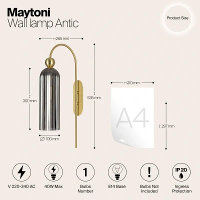 Afbeelding van Maytoni Antic wandlamp, glazen kap in grijs