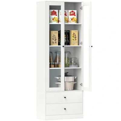 Afbeelding van HOMCOM opbergkast dressoir woonkamer met kast glazen deuren, verstelbare planken en 2 laden, voor woonkamer, keuken, slaapkamer, 59 x 30 164 cm, wit