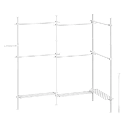 Afbeelding van SONGMICS HSR155W01 Kapstok met 3 niveaus, in hoogte en breedte verstelbaar, open kast afneembare planken, kapstok, grijparm, mat wit