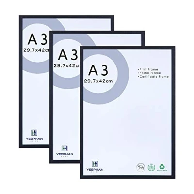 Afbeelding van A3 Zwarte Fotolijsten Set van 3 29,7x42cm Massief Houten met Plexi glas Voorzijde, Schilderijen Frames/Poster Frame/a3 certificaat frame voor wandmontage