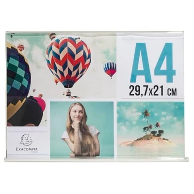 Afbeelding van Exacompta Réf. 84059D 1 Porte visuel incliné horizontal A4 Dimensions Prof 30 x larg 9,5 H 21,5cm PMMA (acrylique) pour photos, publicités, menus restaurants, hôtels Cristal