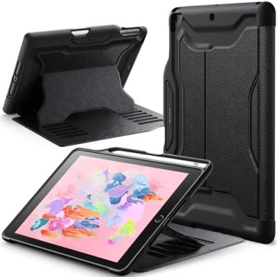 Afbeelding van JETech beschermhoes voor iPad 9,7 inch 2018/2017 (6e / 5e generatie) met penhouder, magneetsluiting, meerdere hoeken, schokbestendig (zwart)