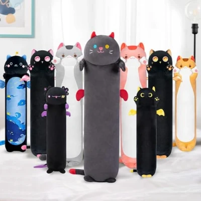 Afbeelding van Mewaii Kawaii pluche kussen, 90 cm, lang zwart, kat, voor kinderen, dierpop, speelgoed knijpkussen, schattig, wollig, comfortabel, cadeau 3 jaar en ouder