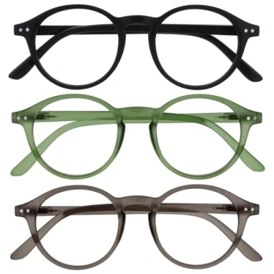 Afbeelding van OPULIZE REY Lunettes de lecture Lot 3 Monture ronde rétro Noir mat, vert, gris Homme Femme Charnières à ressort RRR56 167 +2,50