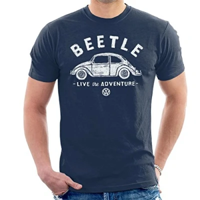 Afbeelding van Volkswagen Beetle White Live The Adventure T shirt voor heren, marineblauw