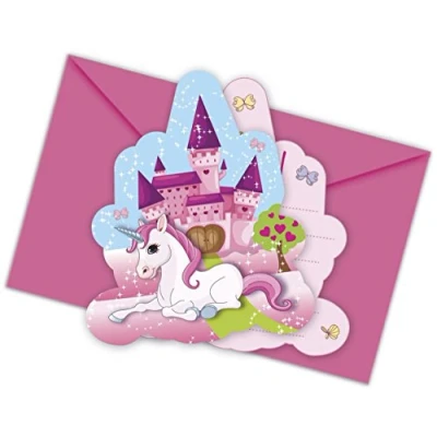 Image de Invitations de château rose Licorne 6 morceaux