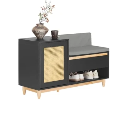 Afbeelding van SoBuy Schoenenopbergbank, ingangsmeubels, roosterdeur met opbergruimte, schoenenkast kussen en lade op poten, zwart naturel, 100 x 35 60 cm, FSR128 SCH