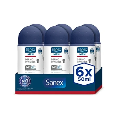 Afbeelding van Sanex Men Dermo Invisible Roll On deodorant voor heren, 24 uur bescherming, zweetbestendig, anti irritatie, 0% alcohol, bestrijdt slechte geurtjes, witte vlekken, 6 x 50 ml