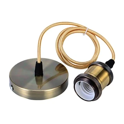 Afbeelding van Hsthe Sea Lampophanging met schroefring, E27 fitting fittingskabel Retro Vintage aluminium lamphouder, hanglamp fitting, textielkabel 100 cm, brons