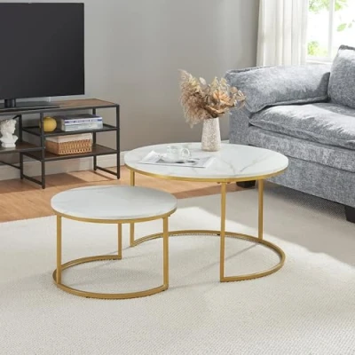 Afbeelding van Salontafel Christchurch set van 2 rond marmer wit en goudkleurig [en.casa]