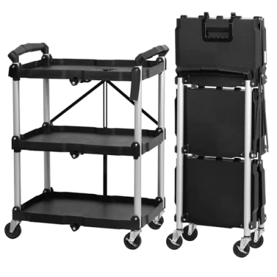 Afbeelding van Mahlzeit Opvouwbare serveerwagen met wieltjes, 64 x 40,5 82 cm, belastbaar tot 150 kg, vouwrek 3 niveaus, inklapbaar rek wielen