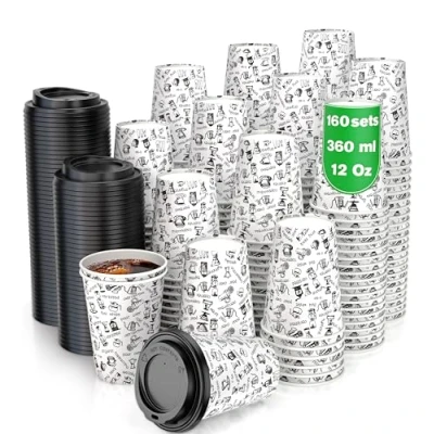 Afbeelding van 160 papieren bekers voor koffie om mee te nemen, koffiebeker, 360 ml, met deksel het serveren van koffie, thee, warme en koude dranken