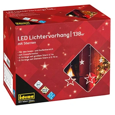 Afbeelding van Idena 31485 Led lichtgordijn met 12 sterrenstrengen, 138 leds, warmwit, 8 uur timerfunctie en transformator, ca. 2 x 1/0,7 m, voor feesten, Kerstmis, decoratie bruiloft