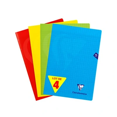 Image de Clairefontaine 294161AMZC Lot de 4 Cahiers Agrafés Mimesys A4 21x29,7 cm 96 Pages Grands Carreaux Papier Blanc 90 g Couverture Polypro (Bleu, Rouge, Jaune et Vert)