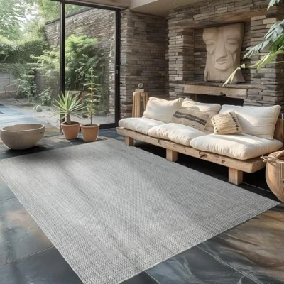 Afbeelding van Carpettex Outdoortapijt, weerbestendig, 300 x 400 cm (280 370 cm), sisal look, zilverkleurig, ideaal voor balkon, tuin, terras en als keukentapijt, wasbaar, plat weefsel,