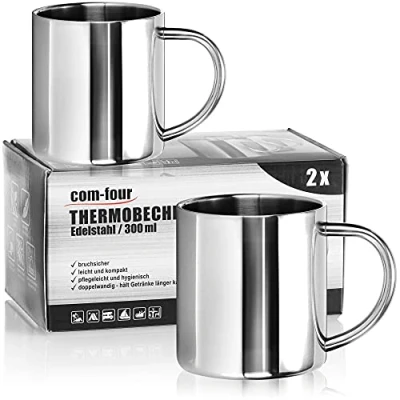 Afbeelding van COM FOUR® 2x roestvrijstalen koffiemokken 300 ml per koffiekop thermische drinkbekers van hoogwaardig roestvrij staal breukvaste koffiekan dubbelwandige isolatiemokken (300ml)
