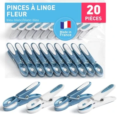 Afbeelding van culiclean Wasknijper bloem 20 stuks, blauw wit/wit blauw, wasknijpers voor buiten, kleding, wit gemaakt in Frankrijk