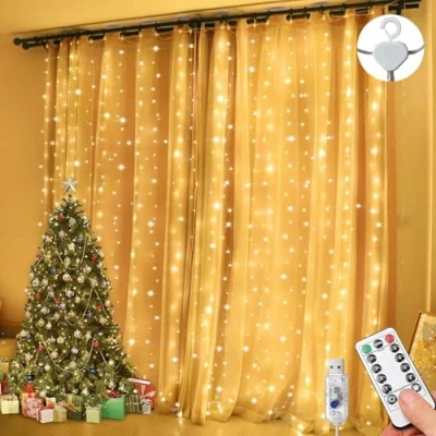 Afbeelding van Lezonic Kerstverlichting, waterdicht, 3 x m, 300 leds, met 8 standen, afstandsbediening, timer en instelbare helderheid, aansluitbaar lichtgordijn, geschikt voor slaapkamer, tuin, feest,