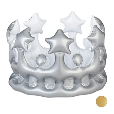Afbeelding van Relaxdays opblaasbare kroon kostuum toebehoren feestjes accessoire prinses of koning geinig zilver